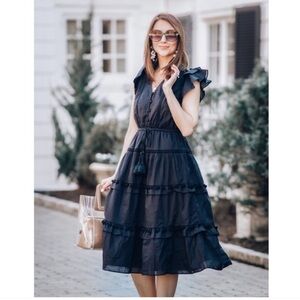 J. Crew Black Ruffled Midi Dress V-Neck Flutter Sleeves Cotton